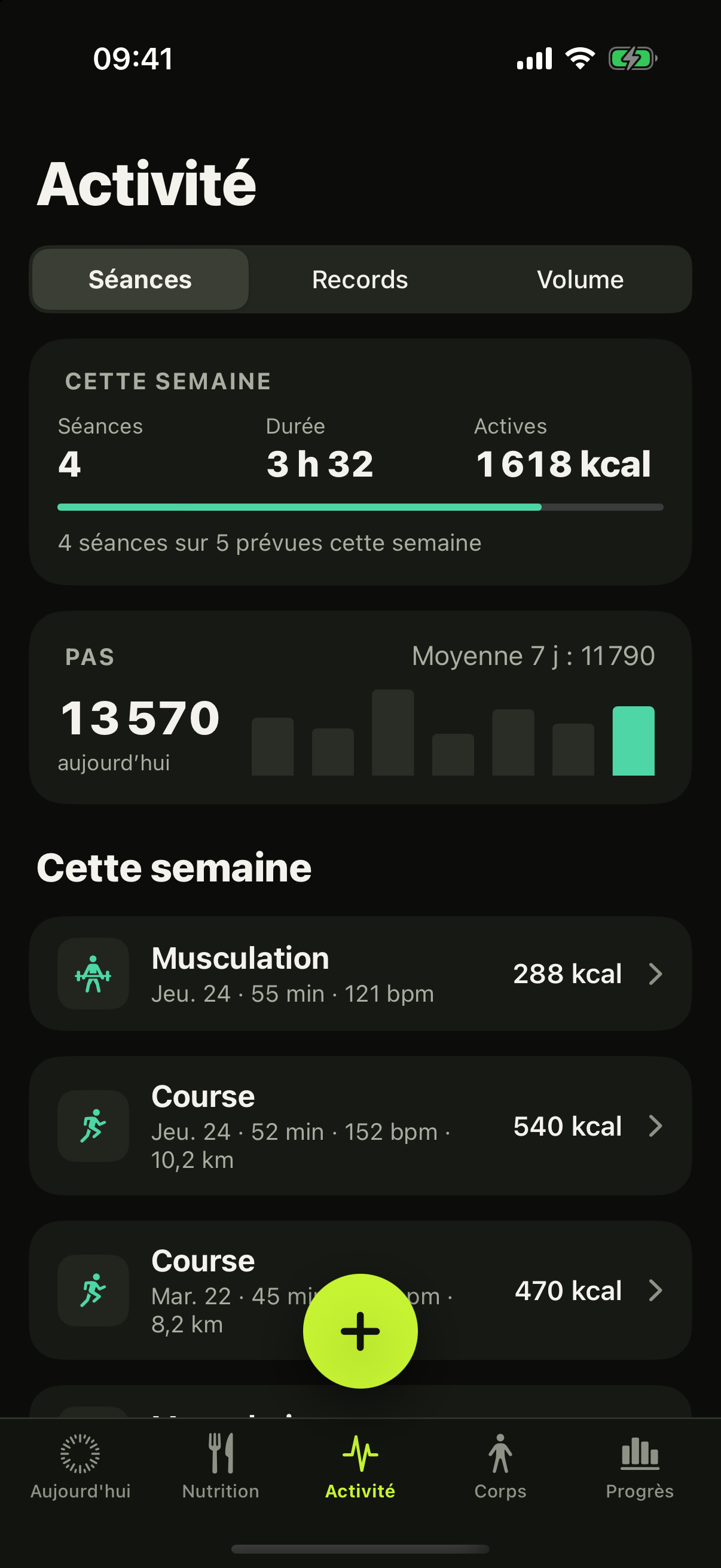 Écran d’une séance dans l’app oKo : activités du jour, record et dépense